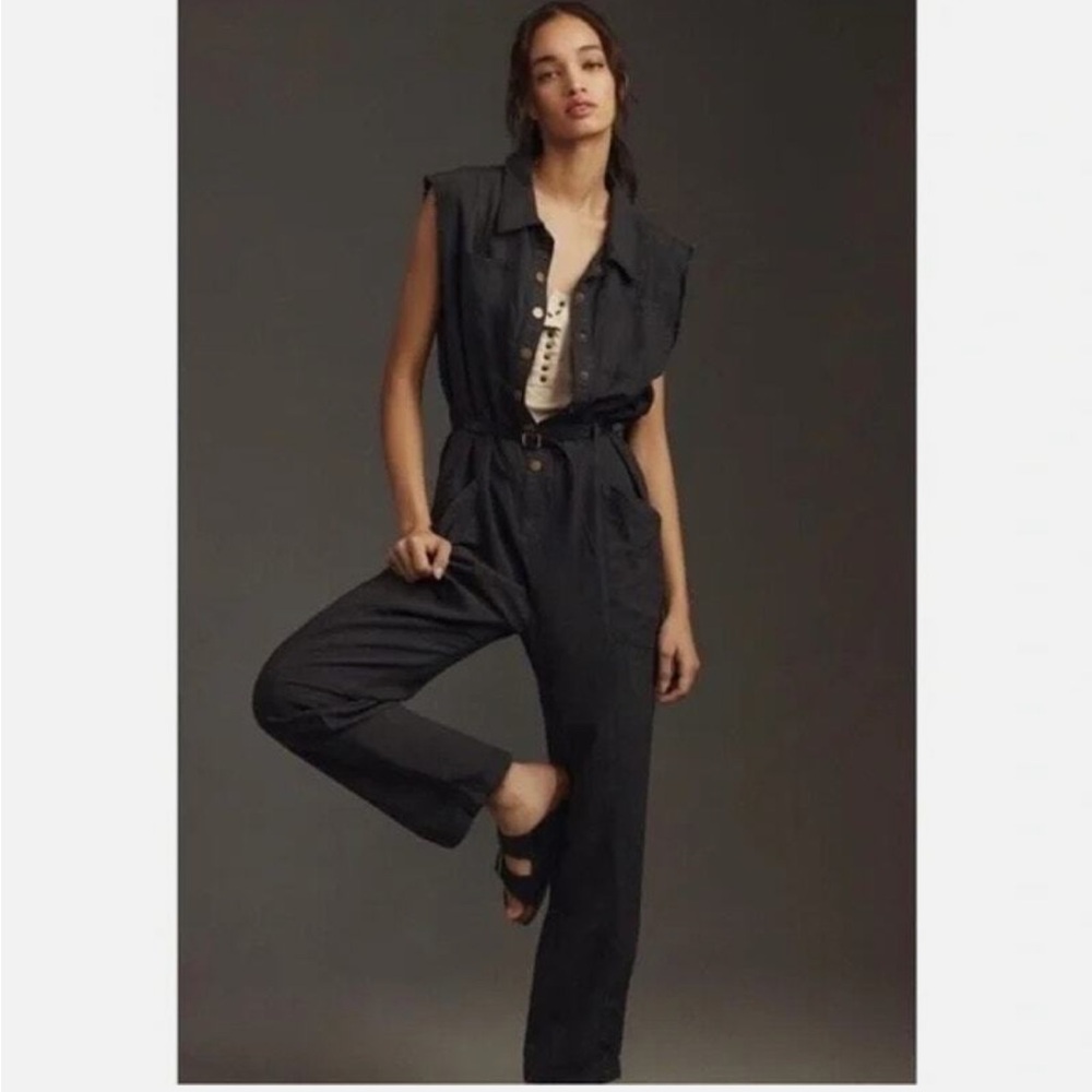Anthropologie Pilcro Sleeveless Black/grey linen blend mechanic Jumpsuit size M